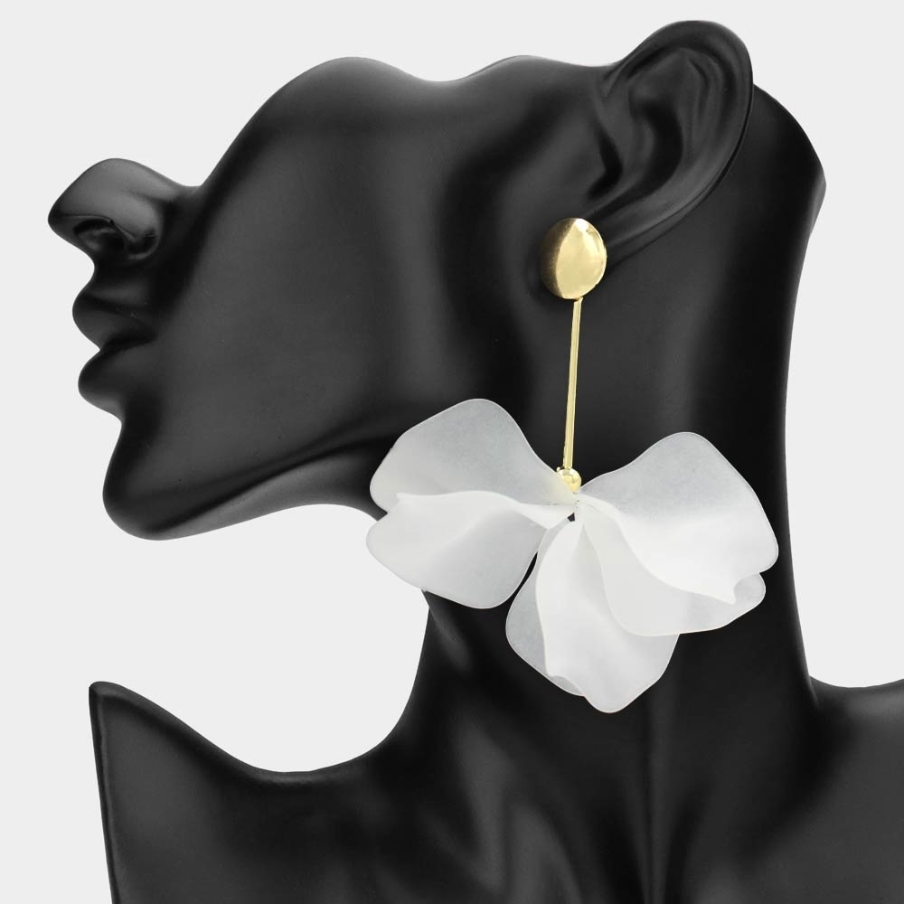 White Floral Petal Link Dangle Earrings 3.25 Inch Tear Drop Statement Jewelry